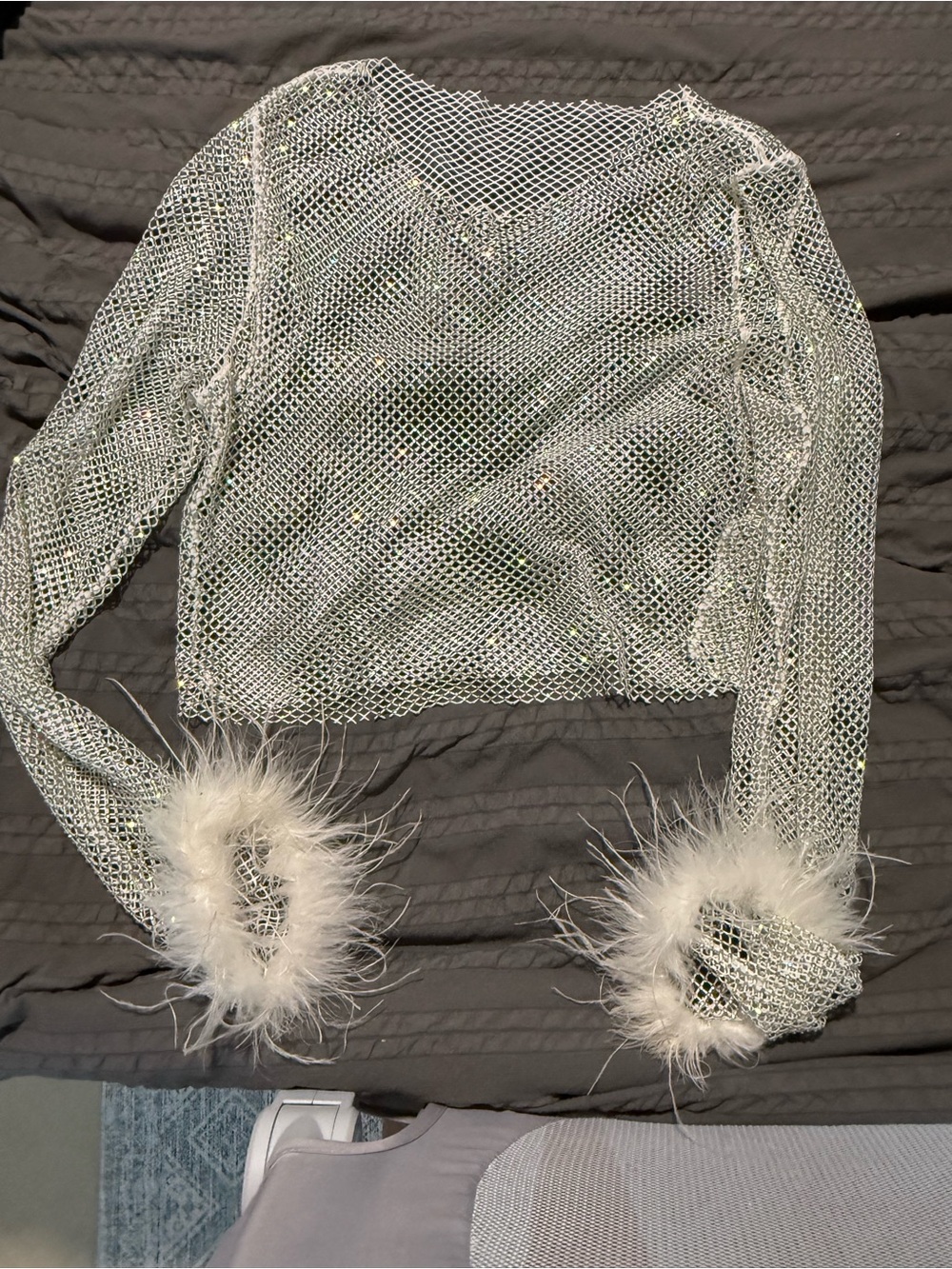 White Fox Boutique Silver Mesh Crop Top with White Feather Cuffs